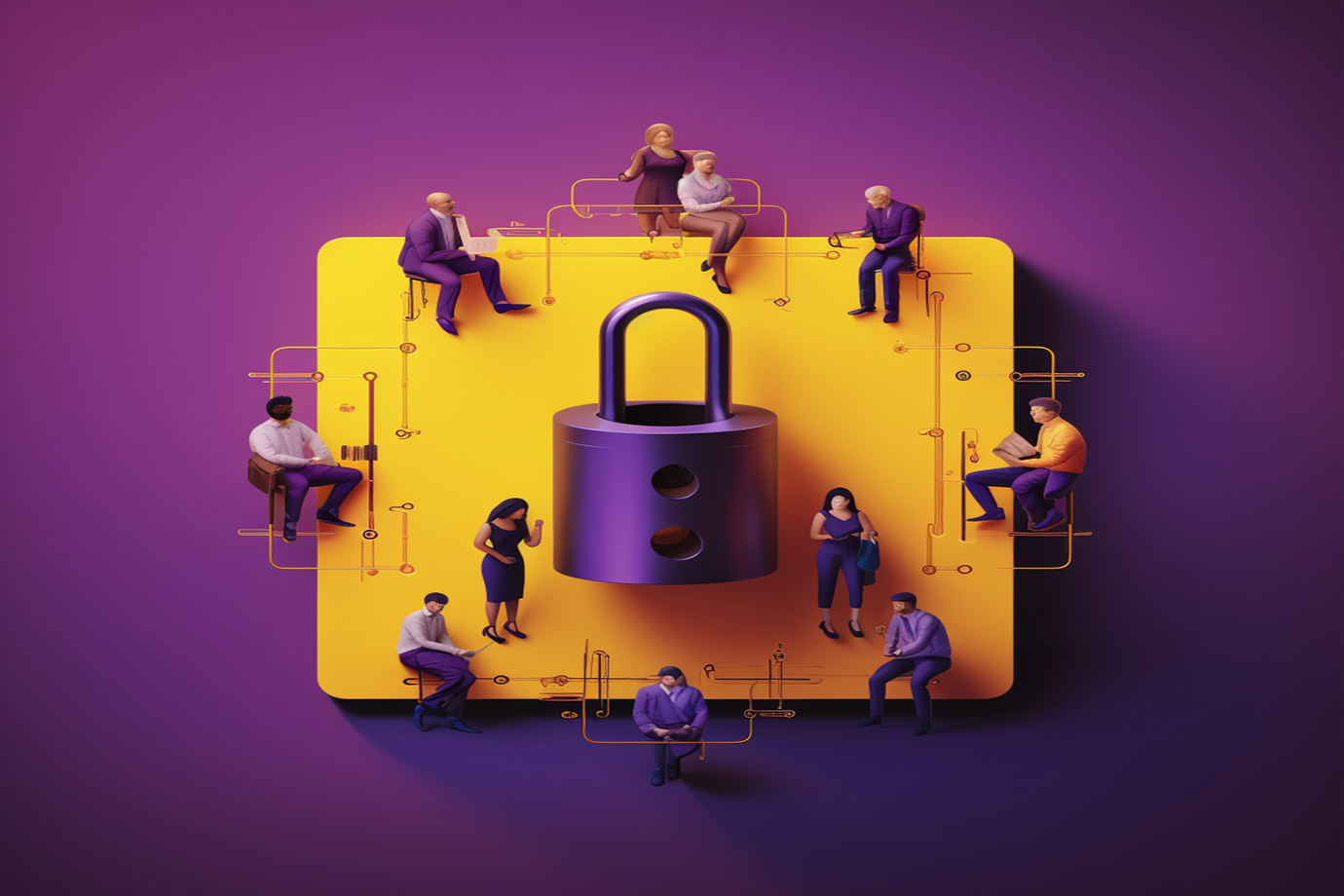 Isometric illustration of a purple padlock surrounded with small human-like figures over a yellow motherboard