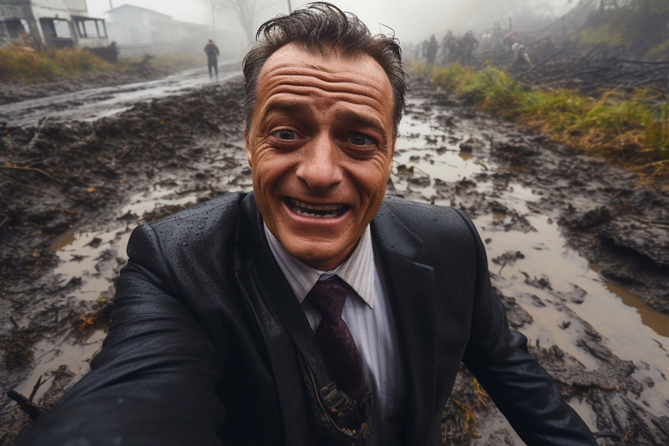 A business man looking worried and standing over a puddle of mudd