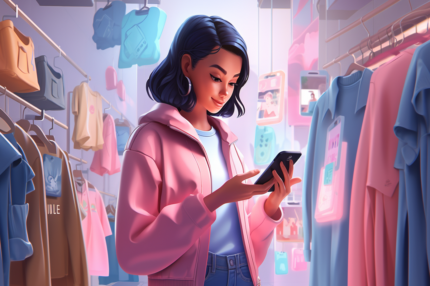 Illustration of a young woman in a store looking at her phone