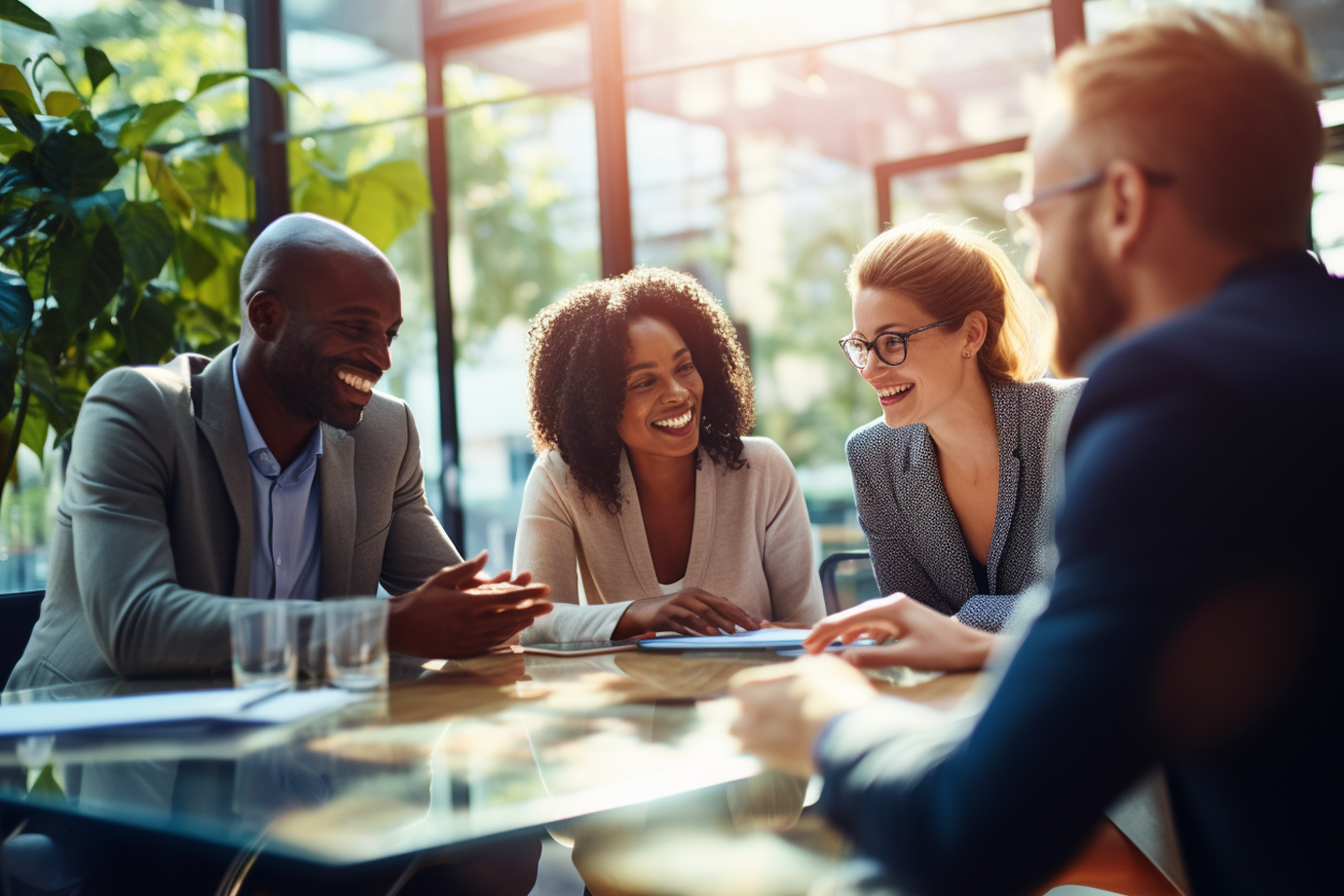 A group of four people smiling and having a meeting over a table